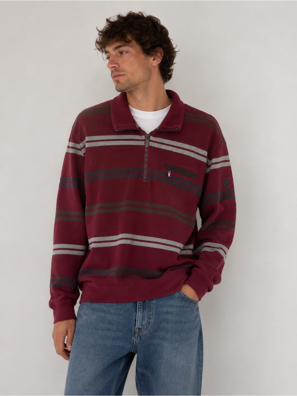 Bugatti Burgundy Striped Quarter Zip Sweater - Size EU 128 Golf Business Casual